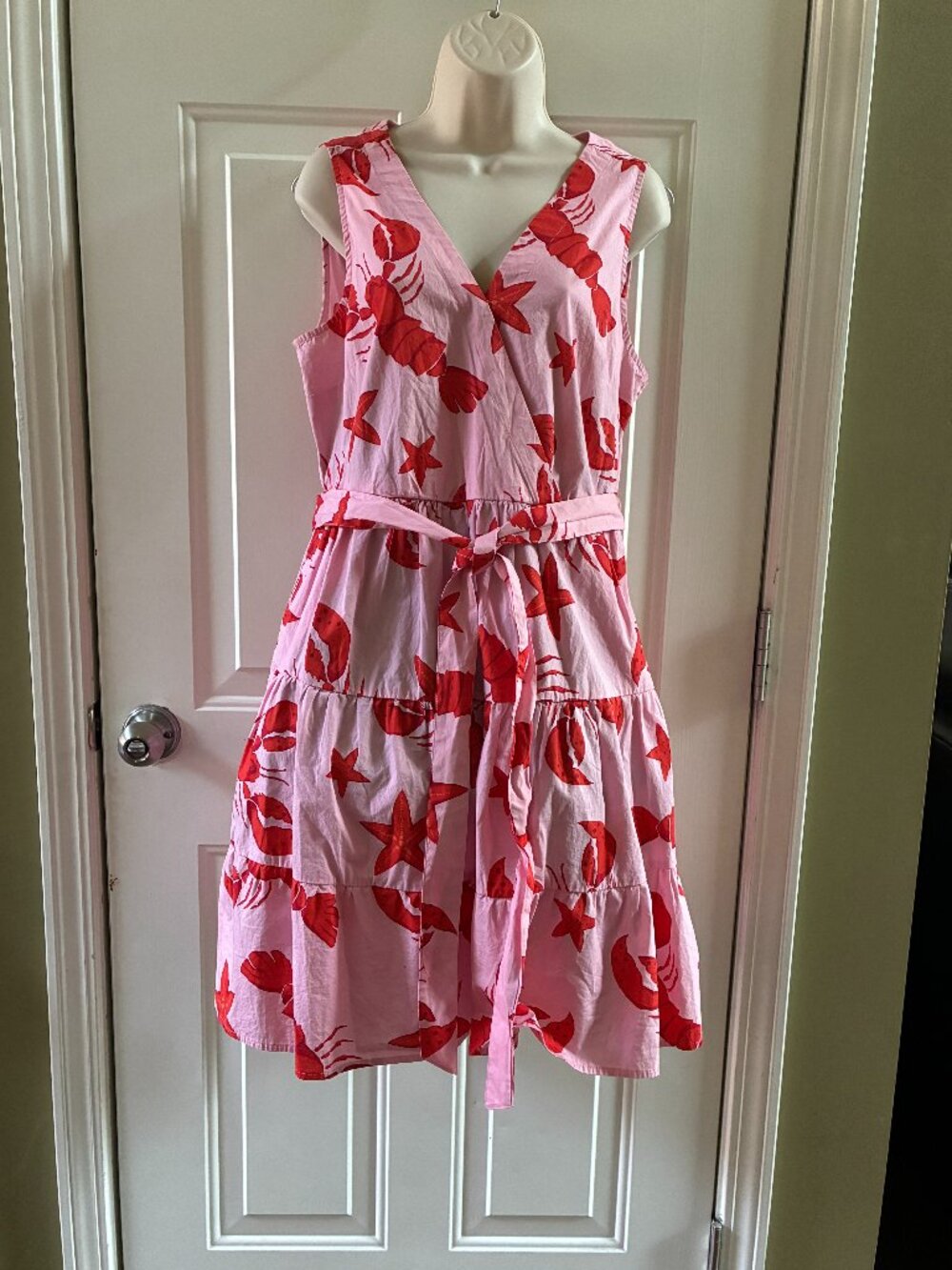 J.Crew Pink Lobster Print Sundress Tie Waist Tiered Summer Dress Size 14